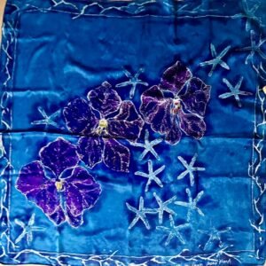 Blue starfish purple Vanda orchid scarf. 100% silk Charmeuse wrap